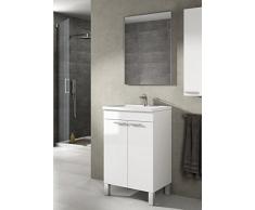 Mueble lavabo de baño-aseo pequeño con espejo incluido y lavamanos cerámico, 2 puertas color blanco brillo 50 ancho x 80 alto x 40 profundidad