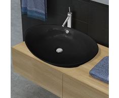 vidaXL Lavabo Oval de cerámica Negra desagüe, 59 x 38,5 cm