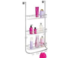 mDesign Estantería de ducha para colgar – Colgador para ducha de fácil instalación sin agujeros – Cestas metálicas grandes para accesorios de ducha con 3 repisas y 8 ganchos – plateado