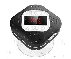 Altavoz Bluetooth Ducha Impermeable con Ventosa Extraíble, AGPTEK Radio Ducha Portátil con Pantalla Funciones de Radio FM, Manos Libre, Microfono, Reloj ect, Negro
