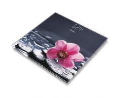 Beurer GS-215 Relax - Báscula digital de vidrio con diseño flor, pantalla LCD invisible, dígitos 2.7cm, 180 kg / 100 gr, vidrio seguridad, indicador batería baja, gris con flor rosa
