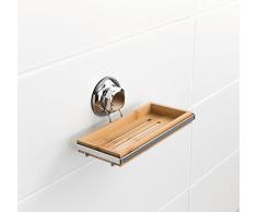 Compactor Jabonera, Fijación por ventosas, hasta 6 Kg, Bambú y Acero Cromado Antioxidante, 14.6 x 12.6 x H.10.5 cm, RAN5806, Bamboo | Chromium-Plated Steel | Suction Cup : TPU and Abs, No No aplicable