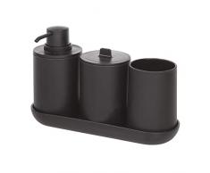 iDesign Set, juego de 4 compuesto por dispensador de jabón, porta cepillo de dientes, algodonero y bandeja de plástico, accesorios de baño para el lavabo, negro, 24,5 cm x 8,9 cm x 16,2 cm