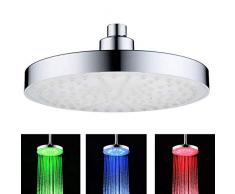 DAXGD Cabezal de ducha redondo LED, rociador de ducha superior de 8 pulgadas, control de temperatura 3 colores que cambian el flujo de agua, ABS cromado acabado 8 piezas LED