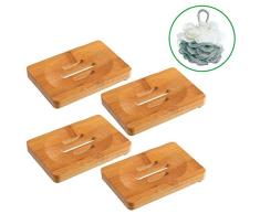 Smart Nice 4 Pcs Jabonera Jabonera de Madera Natural Bambú Bandeja de Jabón para Baño,Incluye 1 Esponja de Baño