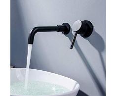 JRUIA - Grifo para lavabo con 2 agujeros de montaje y color negro mate, mango giratorio 360 °, grifo monomando para fijación en pared, fabricado en latón y cromo, alcance de 20,5 cm