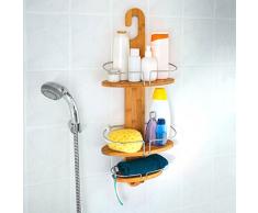 Relaxdays - Estantería de ducha (con 3 estantes, bambú, resistente a la humedad, 2 ganchos, metal cromado), color marrón