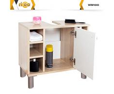 RICOO WM100-ES-W, Mueble baño bajo Lavabo, 60x54x32cm, Armario Auxiliar pequeño, Estantería Debajo lavamanos, Toallero, Madera Blanca y Roble marrón