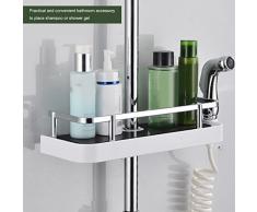 Estante de almacenamiento para barra de ducha, sin perforaciones, soporte para bandeja de baño ajustable, organizador de alcachofa de ducha con gancho extraíble