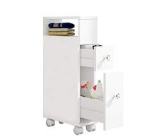 ease Mueble de baño con Ruedas con 2 cajones Carro de Almacenamiento de Cocina de Madera Mueble de baño 15 × 33 × 66.5 CM Blanco