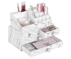 mDesign Juego de 2 organizadores de maquillaje para lavabo o tocador – Minicómoda apilable para cosméticos con 4 cajones – Caja para maquillaje con 16 compartimentos y dibujo de mármol – blanco/gris