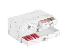 mDesign Organizador de maquillaje apilable para lavabo o tocador – Caja para maquillaje con 4 cajones en plástico – Minicómoda para cosméticos con tiradores y dibujo de mármol – blanco/gris