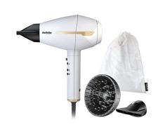 BaByliss 6735E Edición Especial White&Gold Secador de pelo profesional, difusor y 2 concentradores, motor AC, 2400 W, iónico, 6 ajustes de velocidad/temperatura, aire frío, Color Blanco
