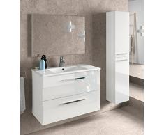 Miroytengo Juego de Mueble de baño Lavabo suspendido 2 cajones, Espejo, lavamanos de cerámica y Columna Auxiliar de Aseo, Acabado en Blanco Brillo