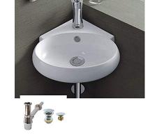1 set/Lavabo de esquina + tope + sifón, lavabo de cerámica, lavabo de esquina, blanco, 37,5 x 35 x 13,5 cm/Lavabo de cerámica, montaje de pared, ovalado, semicircular baño