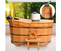 LOHOX Fumigación Barril de Madera, Bañera Sauna Barril Madera, Bañera Baño con Tapa Taburete Interior Extraíble y Diseño de Respaldo Aro de Cubo Espesor de la Hoja 2.5 CM (1-1.6M)