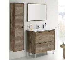 HABITMOBEL Mueble Lavabo CERÁMICO con 2 CAJONES + Espejo + Columna 2 Puertas