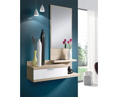 Habitdesign 016744W - Recibidor con un cajón y espejo, mueble entrada color Blanco Brillo y Nature modelo Dahlia, medidas: 116 x 81 x 29 cm de fondo
