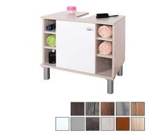 RICOO WM100-EP-W, Mueble baño bajo Lavabo, 60x54x32cm, Armario Auxiliar pequeño, Estantería Debajo lavamanos, Toallero, Madera Blanca y Roble marrón