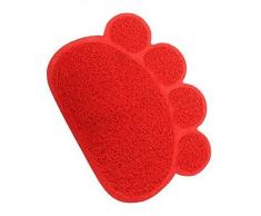 Alfombrilla de la caja de la basura del gato,SUAVER PVC paw-shaped Antideslizante Estera para Mascota, Alfombrilla para Comederos Perros y Gatos,30x40cm (Rojo)