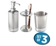 mDesign Juego de 3 accesorios para el baño modernos – Conjunto de baño con dosificador de jabón, vaso y soporte para cepillo de dientes – 3 complementos de baño de acero inoxidable – plateado
