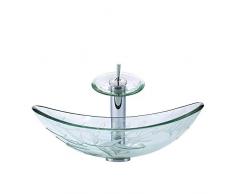 HomeLava Conjunto de Lavabo Sobre Encimera Hecho de Vidrio Templado, Grifo de Cascada, con Drenaje de Agua y Anillo de Montaje, Forma de Ovalado, Color de Transparente