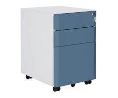 SONGMICS Archivador Móvil con Cerradura, Cajonera de Oficina Metálica con 3 Cajones, para Documentos y Carpetas Colgantes, para Oficina, Dormitorio, Blanco y Azul Pizarra OFC70WB
