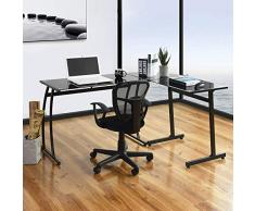Coavas Escritorio en L Mesa de Ordenador Esquinero para Despacho Habitación Juvenil o Estudio para Hogar u Oficina Esquinero Color Negro (Cristal Negro)