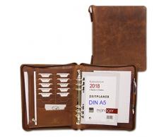 ALMADIH Carpeta de cuero A5 con cremallera Calendario 2019 + Bloc notas agenda Personal Organizador Diario Cartera de conferencias Maletin Carpeta de anillas portadocumentos Cuaderno Marrón