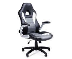 SONGMICS OBG28G Silla Racing, con Altura Ajustable, Apoyabrazos Abatibles, Mecanismo de Inclinación, Plástico, Negro, Blanco y Gris