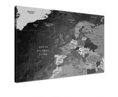 LanaKK – Mapa de Europa con parte trasera en corcho para fijar chinchetas en los destinos de sus viajes “Europe Black and White” - inglés - Impresión artística – Tablón de notas ennero, una sola pieza y enmarcada en 120x80cm