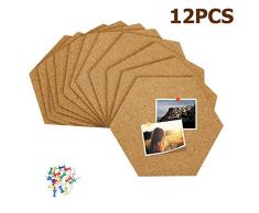 12 Pieza Pizarra Corcho, Hexágono Corcho Tablero Corcho, Corcho Pared Autoadhesivo, Corcho Pared para DIY para Colgar Fotos, Decoración Del Hogar Oficina con 80 Unidades de Chinchetas