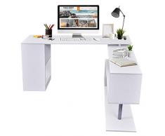 HOMCOM Mesa de Ordenador PC Escritorio de Oficina Mesa Esquinera Giratorio 360° Múltiformas para Hogar Escuela y Oficina 2 Estantes Librería Blanco
