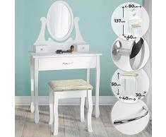 NOVA Mesa de Maquillaje - con Espejo, Taburete, cajón, 80 x 40 x 137 cm, Blanco y Negro - cómoda cosmética, Espejo, Mueble de Maquillaje, tocador con Taburete