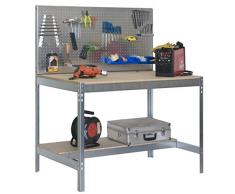 Simonrack 778100045159062 - Banco de trabajo (1440 x 900 x 600 mm, 2 estantes y 1 panel perforado, 400 kg - 250 kg) color galvanizado/madera