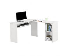 LANGRIA Escritorio de Esquina en Forma de L con Bandeja Deslizante para Teclado de Ordenador y 2 Baldas Inferiores Laterales para Libros Papelería para Habitación Sala de Estudio Oficina (Blanco)
