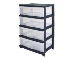 Cajón con ruedas de plástico, en el pecho de 4 cajones, contenedores Negro, Dresser 4 cajones, Armedietto con ruedas, armario de plástico gaveta de almacenamiento - WC-N604P