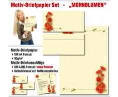 Paper-Media - Juego de papel DIN A4, 90 g/m² y sobres sin ventana de 11 x 22 cm, diseño de amapolas, reverso en blanco, apto para impresora, 20 unidades
