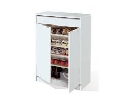 Armario auxiliar zapatero multiusos blanco, estantes regulables, cajón con guías metálicas y tiradores metalizados para almacenamiento. 101cm alto x 75cm ancho x 37cm fondo