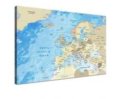 LanaKK – Mapa de Europa con parte trasera en corcho para fijar chinchetas en los destinos de sus viajes “Europe Frozen” - inglés - Impresión artística – Tablón de notas enblu, una sola pieza y enmarcada en 120x80cm