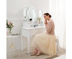 TecTake Mesa de Maquillaje tocador con Taburete | con 3 Espejos y cómoda | 7 cajones | Blanco