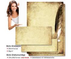 Juego de papel de carta y sobres con diseño de pergamino y pluma (20 unidades: 10 hojas y 10 sobres tipo DL sin ventana)