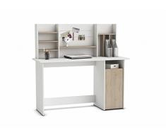 Mesa de ordenador escritorio con altillo 135cm. Blanco y roble. Para habitación juvenil, estudio, despacho.