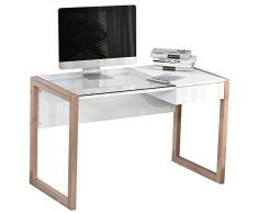 HOMCOM Mesa de Ordenador Mesa de Escritorio Diseño Moderno con Tablero de Vidrio Templado Cajón Combinación de Estilos para Oficina Estudio 120x60x75 cm Blanco