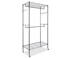 oliote Armario Enrollable, Perchero Metálico, con 1 Gancho, 2 Barras de Colgar, 2 Estantes Ajustables, 119 x 44 x 205 cm, Negro (Gris y Plata)