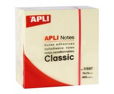 APLI 11597 - Notas adhesivas CLASSIC 75 x 75 mm cubo de 400 hojas color amarillo