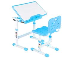 Juego de Escritorio Infantil Altura Regulable, Set de Escritorio para Niños y Silla Pupitre Infantil Mesa Dibujo para Niños con Escritorio Inclinable Sujetarrollos de Papel y Portavasos (Azul)