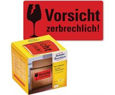Avery Zweckform - Etiquetas de advertencia 7211, con texto "Vorsicht zerbrechlich"(color rojo neón, 100 x 50 mm, 200 etiquetas en un rollo) en dispensador de cartón