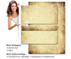 Paper-Media - Juego de papel DIN A4, 90 g/m² y sobres sin ventana de 11 x 22 cm, diseño de papel viejo, reverso en blanco, apto para impresora, 20 unidades