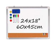 Pizarra Blanca Magnética con Corcho - Tablero de Pared 60x45cm + 1 Borrador Magnético, 4 Rotuladores Borrado en Seco, 4 Imanes y 10 Chinchetas de Colores para Oficina y Cocina